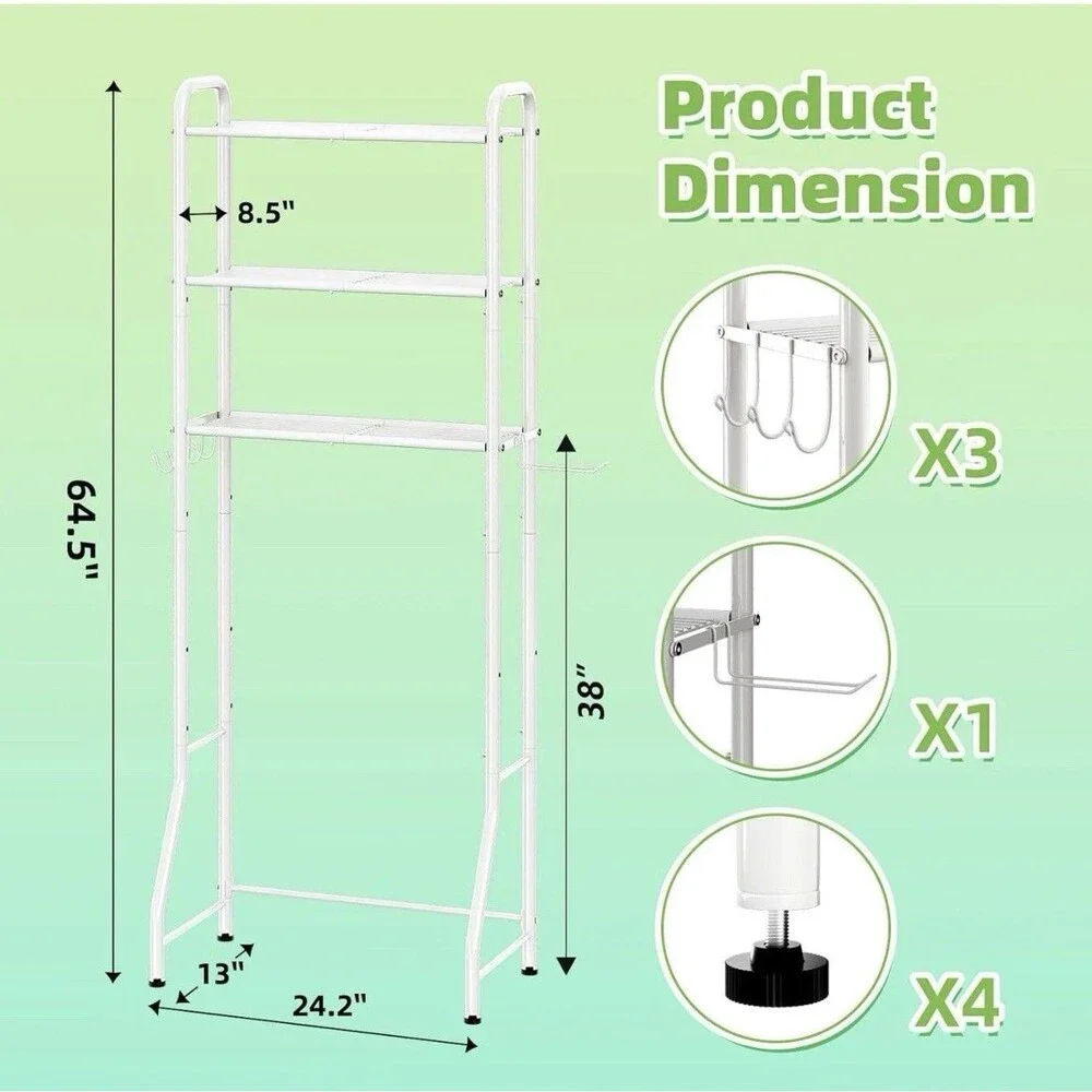 3-Tier Bathroom Storage Rack Paper Holder Hooks Over Toilet Organizer Shelf New